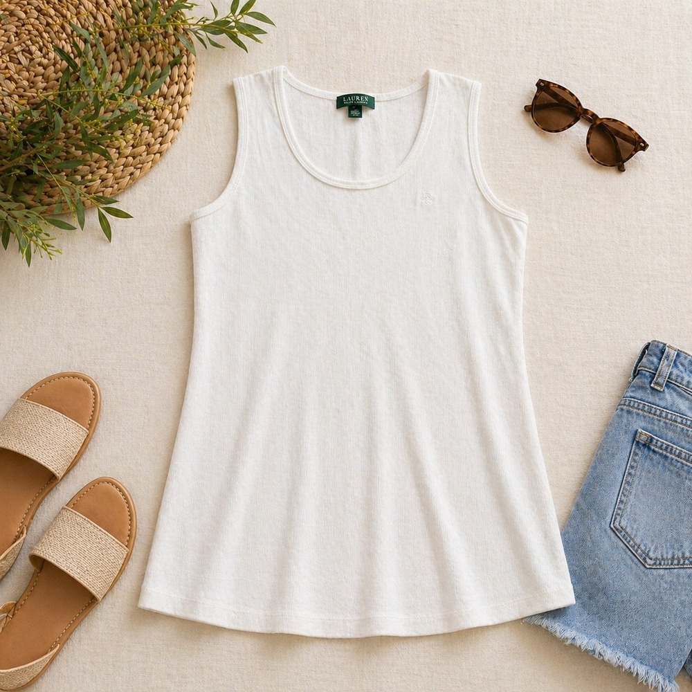Lauren Ralph Lauren White Ribbed Cotton Tank Top Scoop Neck Logo Womens 1X